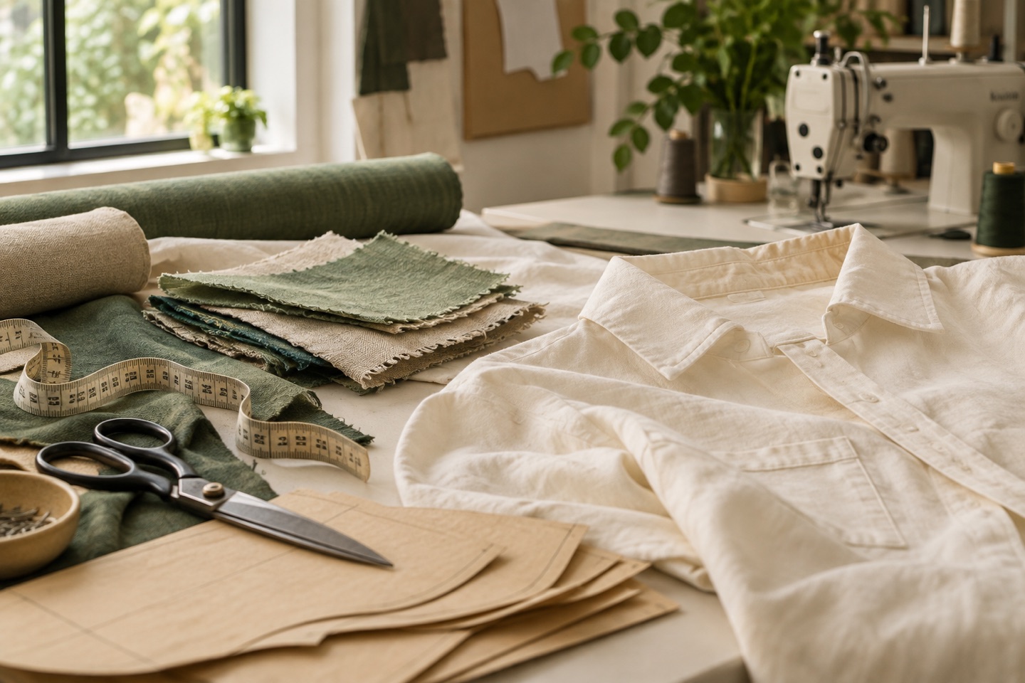Shirt, cotton swatches and pattern tools on an illustrative garment development table